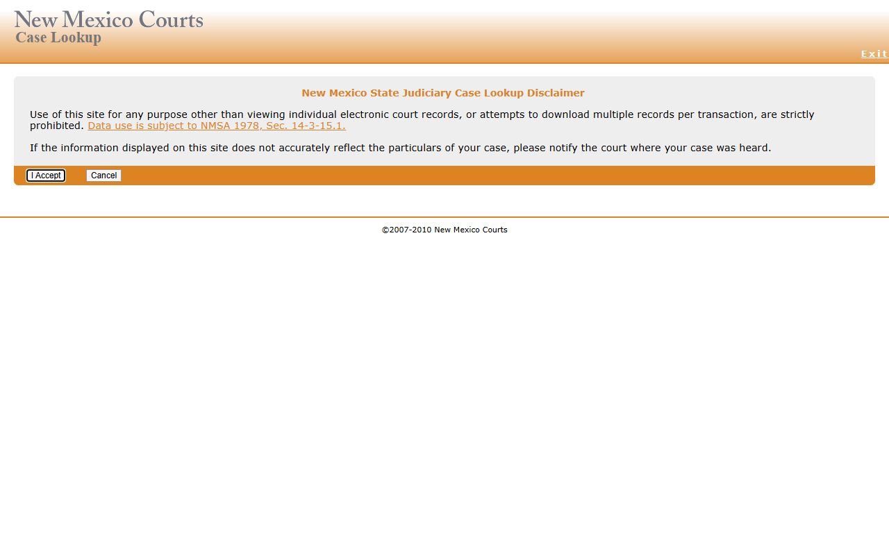 New Mexico Courts Case Lookup disclaimer and court-record data-use notice