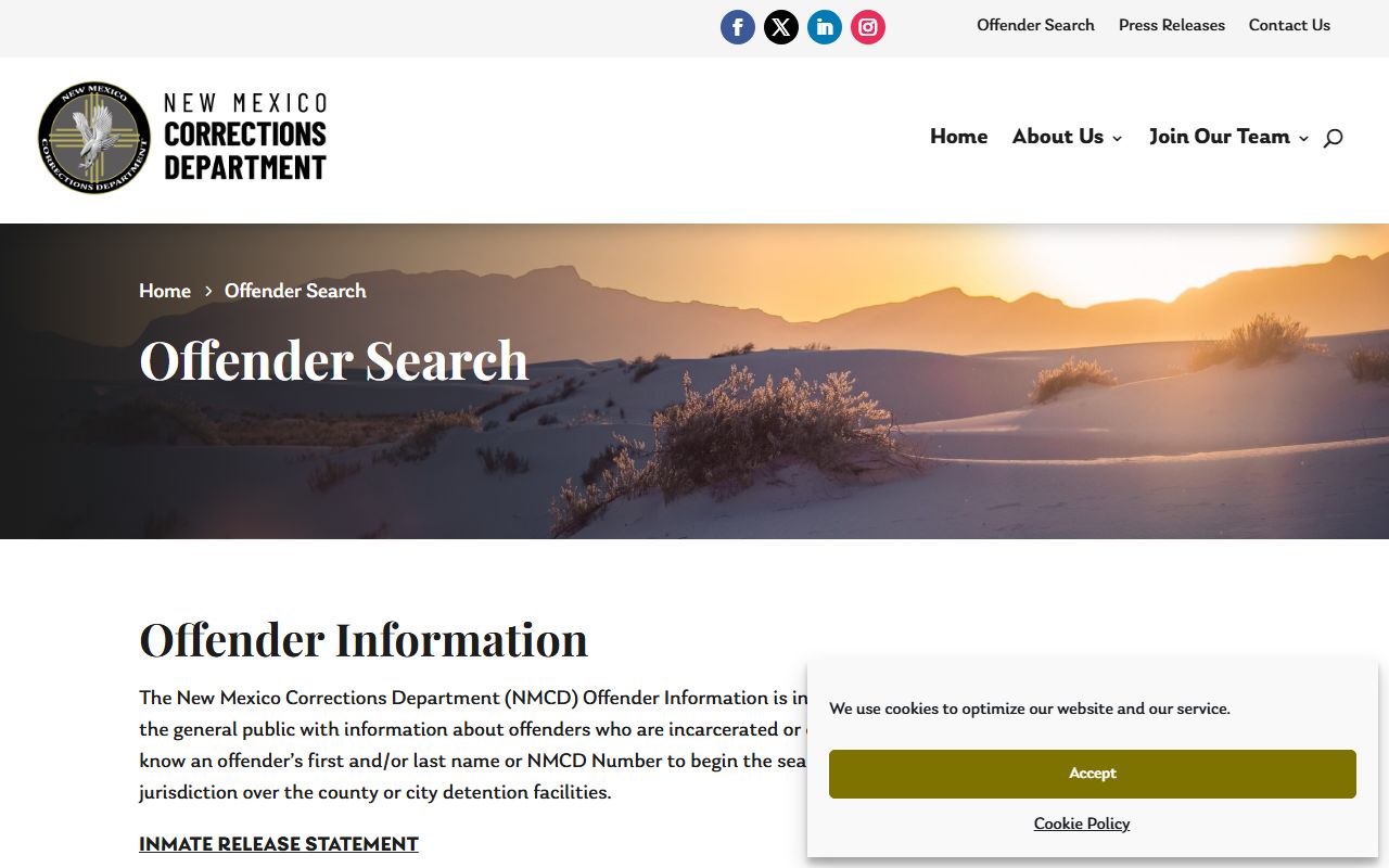 New Mexico Corrections Department offender search page for state prison and probation parole lookup