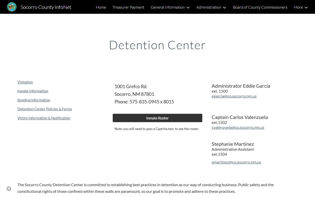 Official Socorro County Detention Center page showing roster, visitation, mail, commissary, and VINE information
